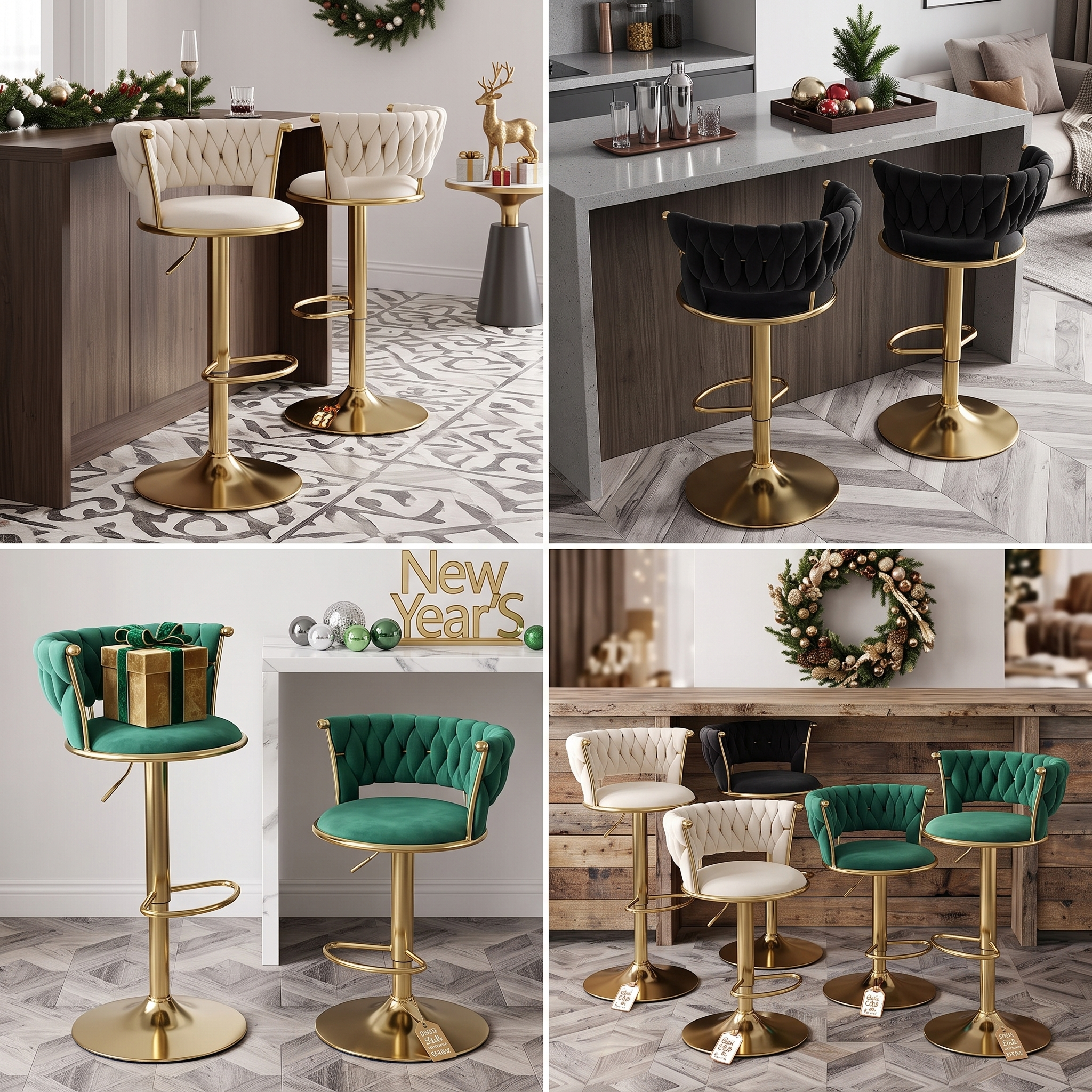 2pcs/4pcs Modern Swivel Woven Velvet Bar Stools, Stool, 360° Swivel Adjustable Height Bar Stool with Backs Golden Metal Tall Bar Stools Counter Height for Kitchen Island, for Christmas, Festival, New Year'S Gift 14 A 4-panel product collage showcasing Swivel Woven Velvet Bar Stools in beige, black, and green variants styled across modern and rustic bars with Christmas wreaths, garlands, and New Year's decorations.
