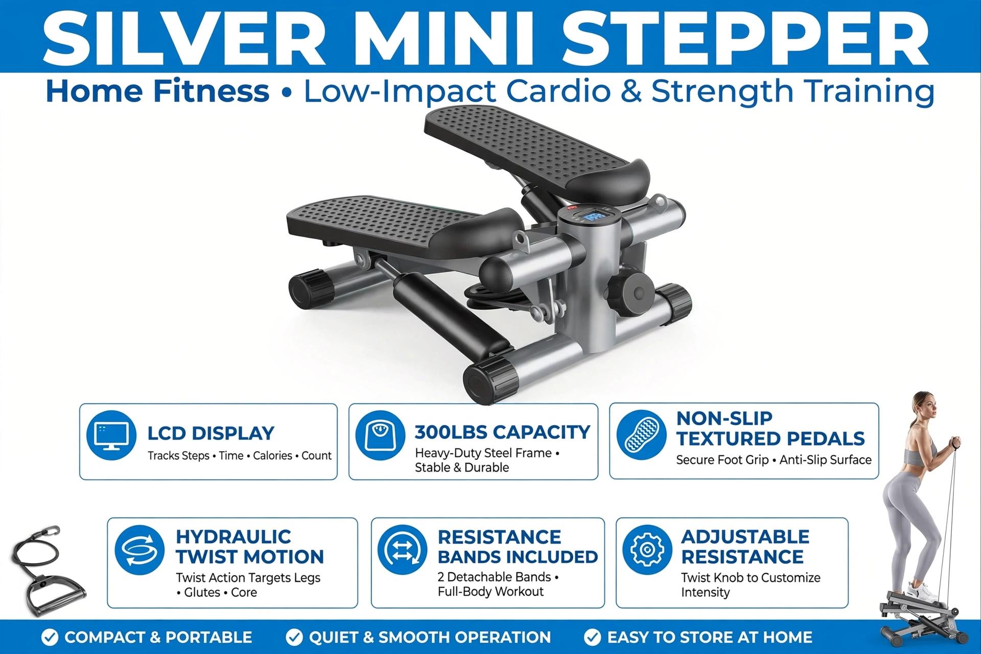 Mini Exercise Stepper with Resistance Bands - Compact Stair Stepper Machine for Home Use, Twist Motion Full Body Workout, 300LBS Capacity Portable Fitness Equipment 25 Infographic card showcasing the silver color Exercise Stepper with Resistance Bands with key specifications and workout attributes.