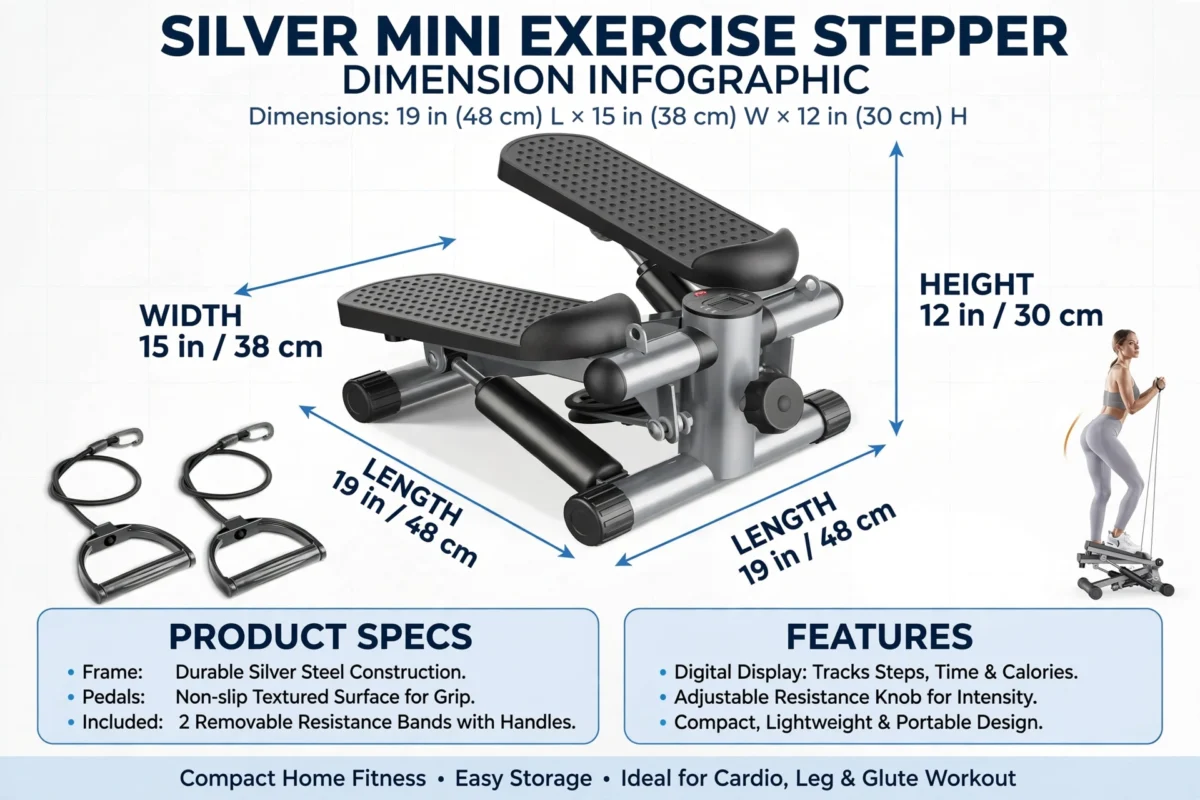 Mini Exercise Stepper with Resistance Bands - Compact Stair Stepper Machine for Home Use, Twist Motion Full Body Workout, 300LBS Capacity Portable Fitness Equipment 14 Dimension measurement infographic for the silver Exercise Stepper with Resistance Bands displaying length, width, and height.