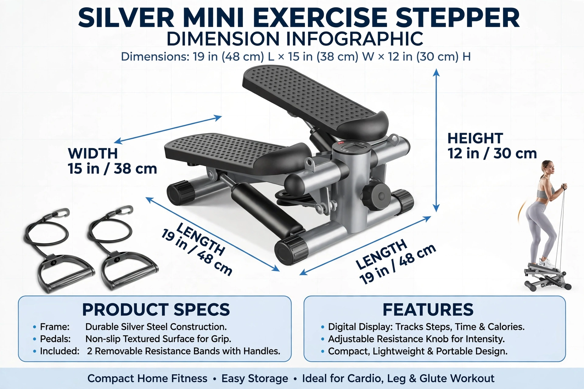 Mini Exercise Stepper with Resistance Bands - Compact Stair Stepper Machine for Home Use, Twist Motion Full Body Workout, 300LBS Capacity Portable Fitness Equipment 24 Dimension measurement infographic for the silver Exercise Stepper with Resistance Bands displaying length, width, and height.