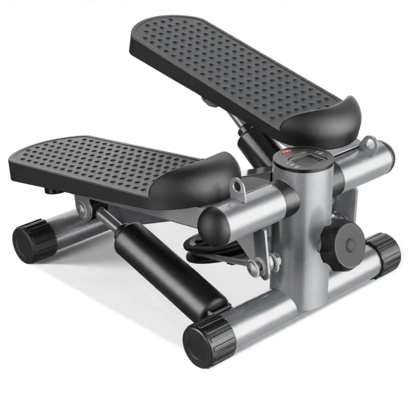 Mini Exercise Stepper with Resistance Bands - Compact Stair Stepper Machine for Home Use, Twist Motion Full Body Workout, 300LBS Capacity Portable Fitness Equipment 4 Slivery color Exercise Stepper with Resistance Bands presented from a clean front angle showcasing its metallic finish.