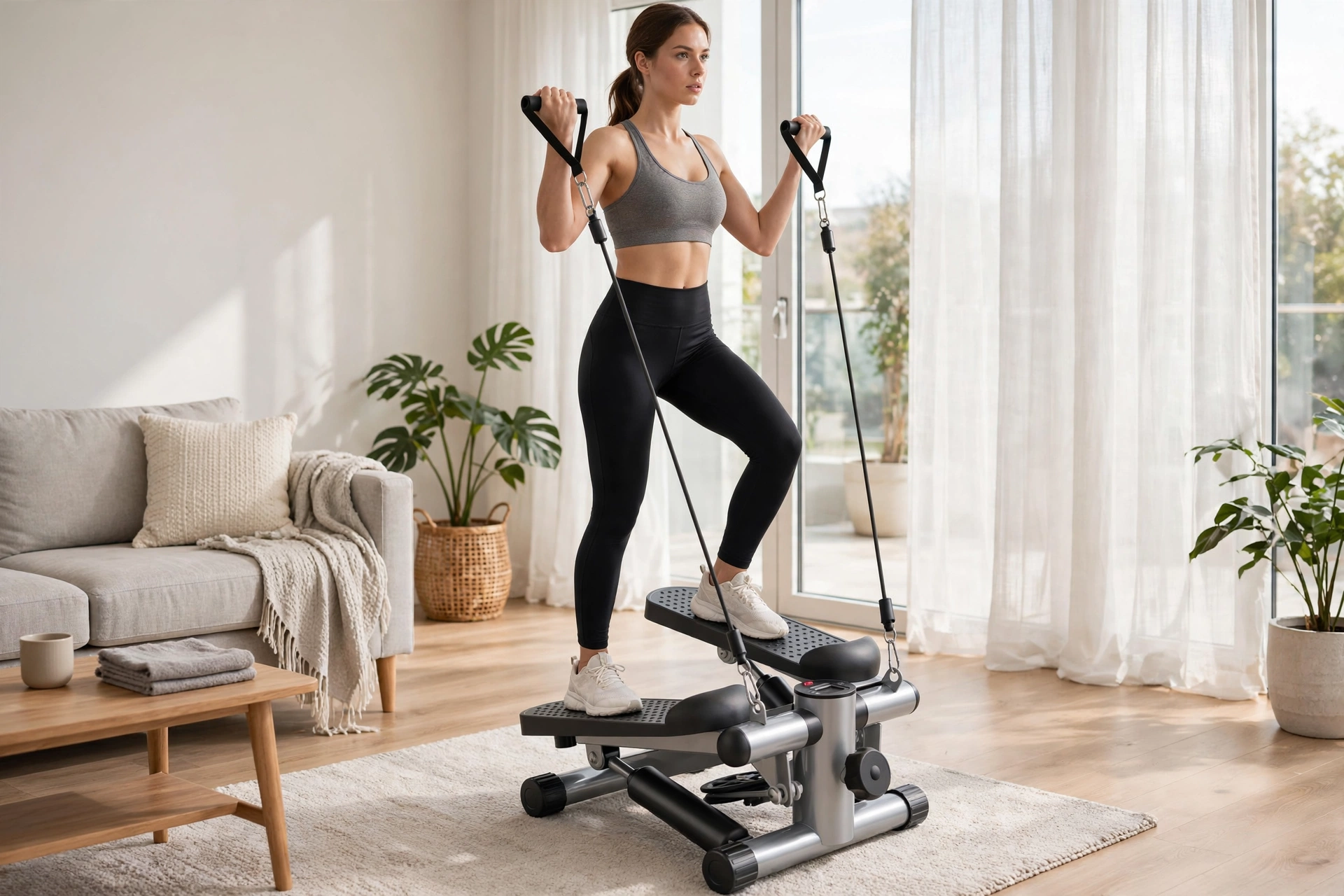 Mini Exercise Stepper with Resistance Bands - Compact Stair Stepper Machine for Home Use, Twist Motion Full Body Workout, 300LBS Capacity Portable Fitness Equipment 27 Slivery Color Exercise Stepper with Resistance Bands in Action