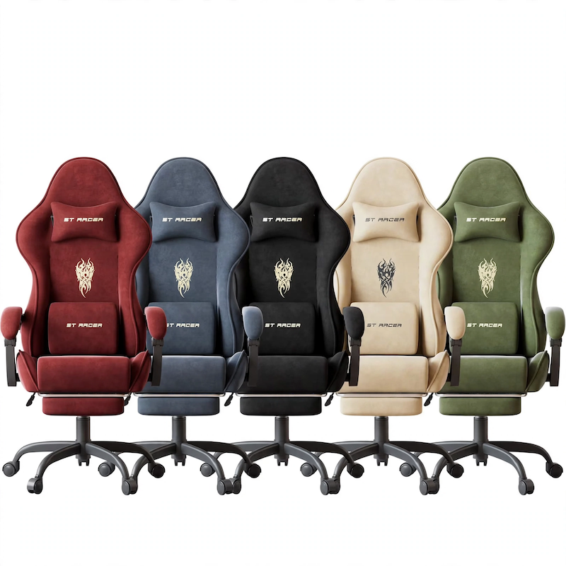 Five ST Racer velvet Upholstered Gaming Chairs lined up side by side in different colors including red, gray, black, beige, and green against a clean white background.