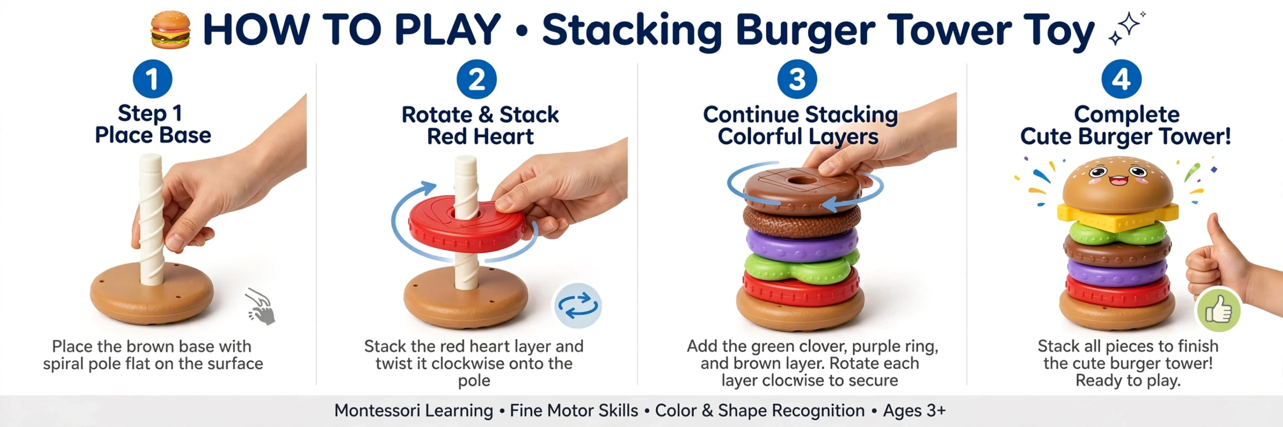 Stacking Burger Shape Toy, Multi-Color Recognition, Hand-Eye Coordination and Rotation Educational Puzzle, Perfect Gift for Boys and Girls on Birthdays, Christmas, or Halloween 5 Illustrated step by step instruction guide showing how to place the base, rotate pieces onto the pole, and complete the Stacking Burger Shape Toy tower.