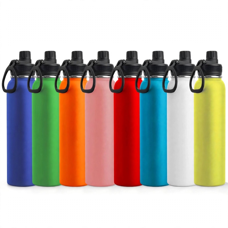 Studio line-up showing multiple color variants of a tainless steel insulated water bottle against a white background.