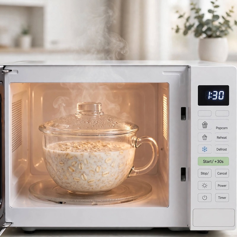 A Large-Capacity Tempered Glass Cup with a Lid And Handle, Thickened for Breakfast Oatmeal, Milk, And Suitable for Desserts, Pasta, And Rice, Microwave Safe 6 Steaming bowl of milk and oats cooking inside a white microwave within a Large-Capacity Tempered Glass Cup.