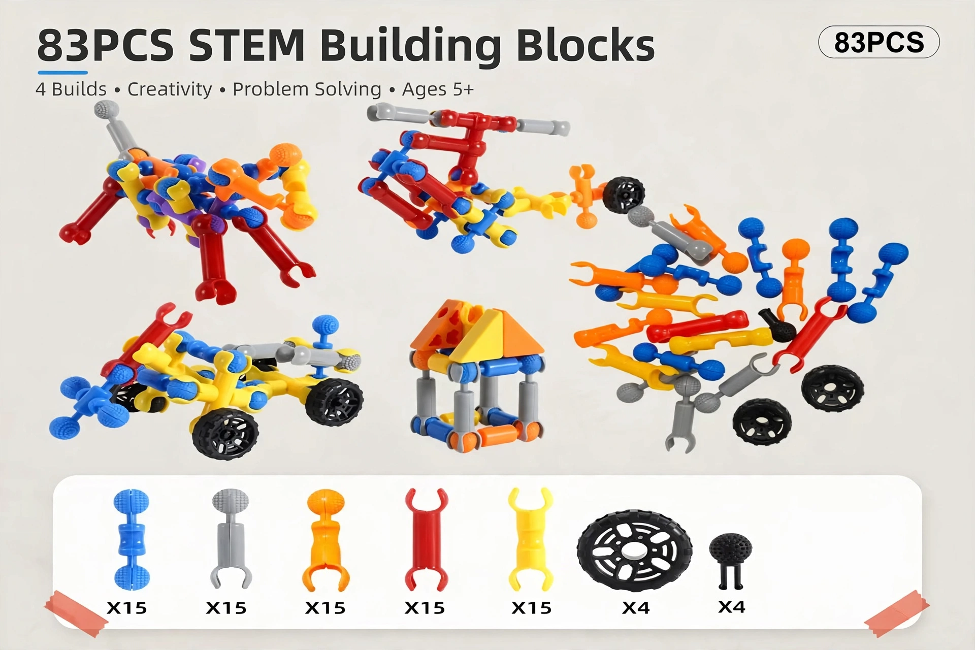 Building Toys 83 Piece STEM Toys for Kids Boys and Girls Christmas Birthday Gifts Children Building Blocks Creative and Educational Kids Toys Projects 8 Display of four primary builds and component quantity counts for a Building Toys 83 Piece set.