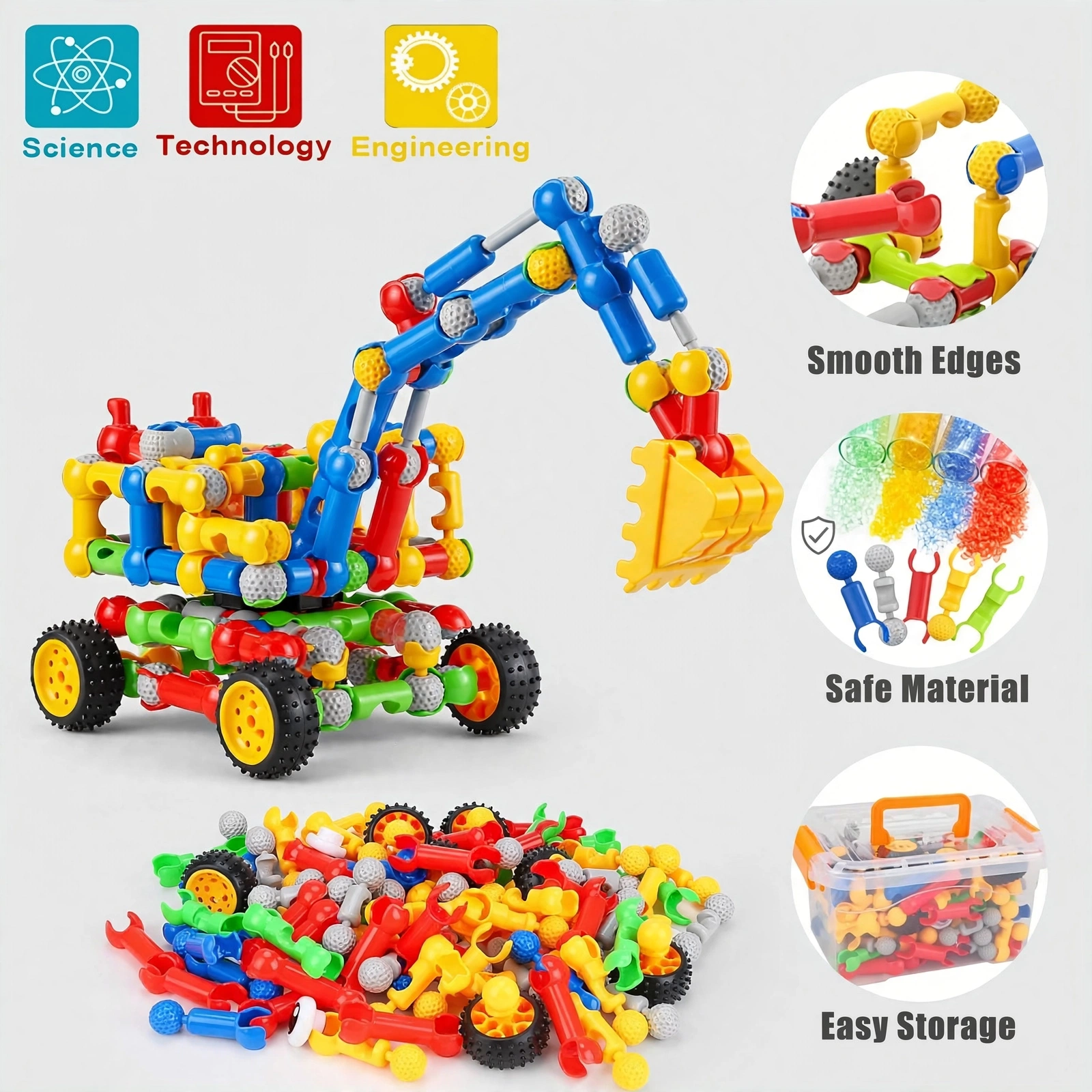 Building Toys 83 Piece STEM Toys for Kids Boys and Girls Christmas Birthday Gifts Children Building Blocks Creative and Educational Kids Toys Projects 7 Large construction excavator model built from a Building Toys 83 Piece set with safety and storage highlights.