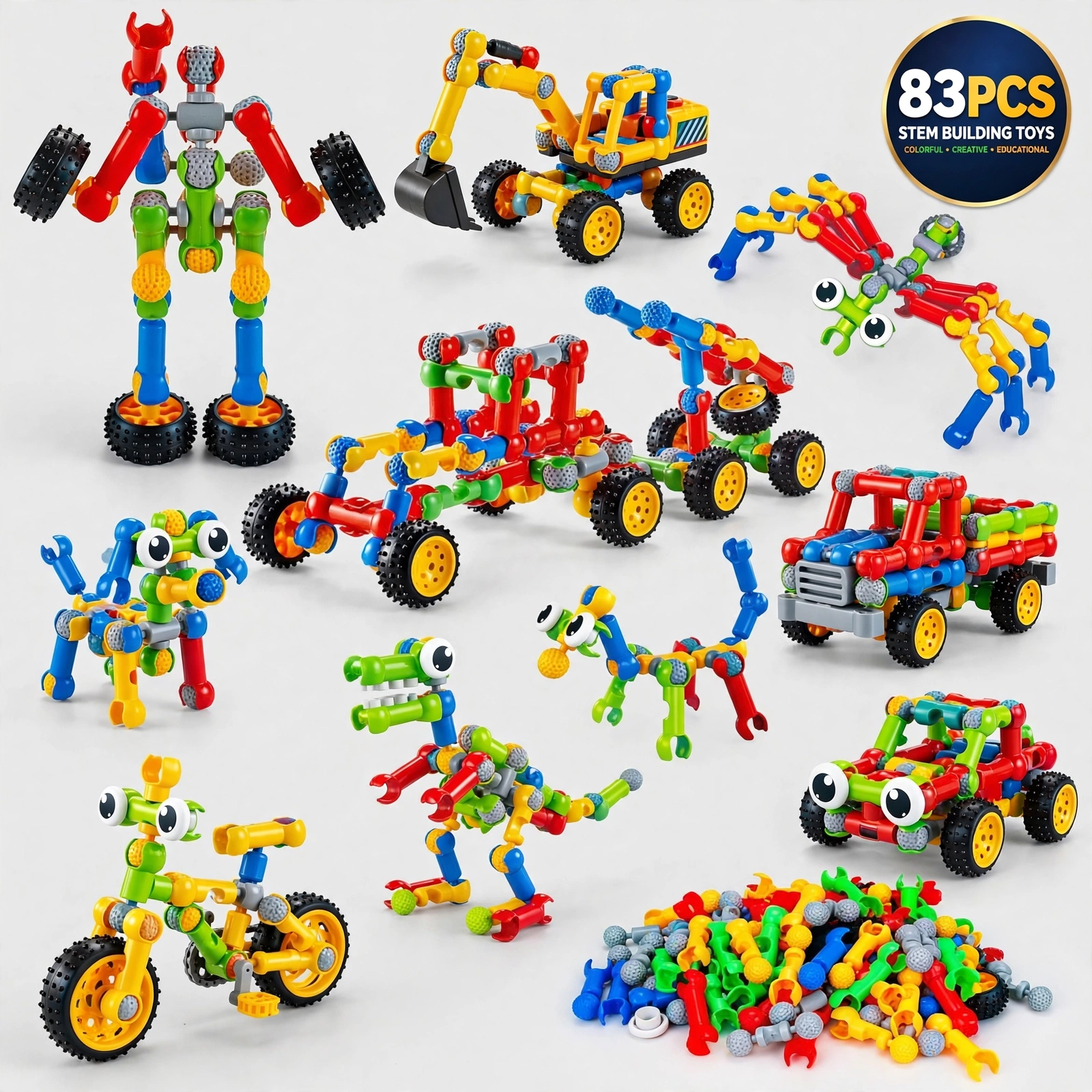 Building Toys 83 Piece STEM Toys for Kids Boys and Girls Christmas Birthday Gifts Children Building Blocks Creative and Educational Kids Toys Projects 6 Massive collection of diverse models including trucks, dinosaurs, and robots built from a Building Toys 83 Piece set.