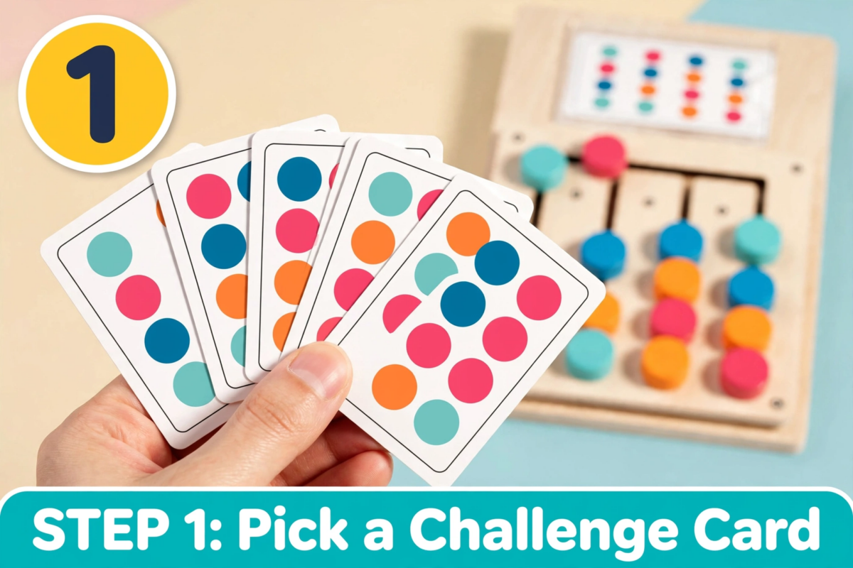 BEYTOON Wooden Color Puzzle Boost Logic, Focus & Hand-Eye Coordination | Educational Toy for YoungstersChristmas stocking stuffers,Christmas stocking stuffers 5 A hand holding a fan of colorful pattern cards for the toy, illustrating step one of how the Wooden Color Puzzle Boost Logic.