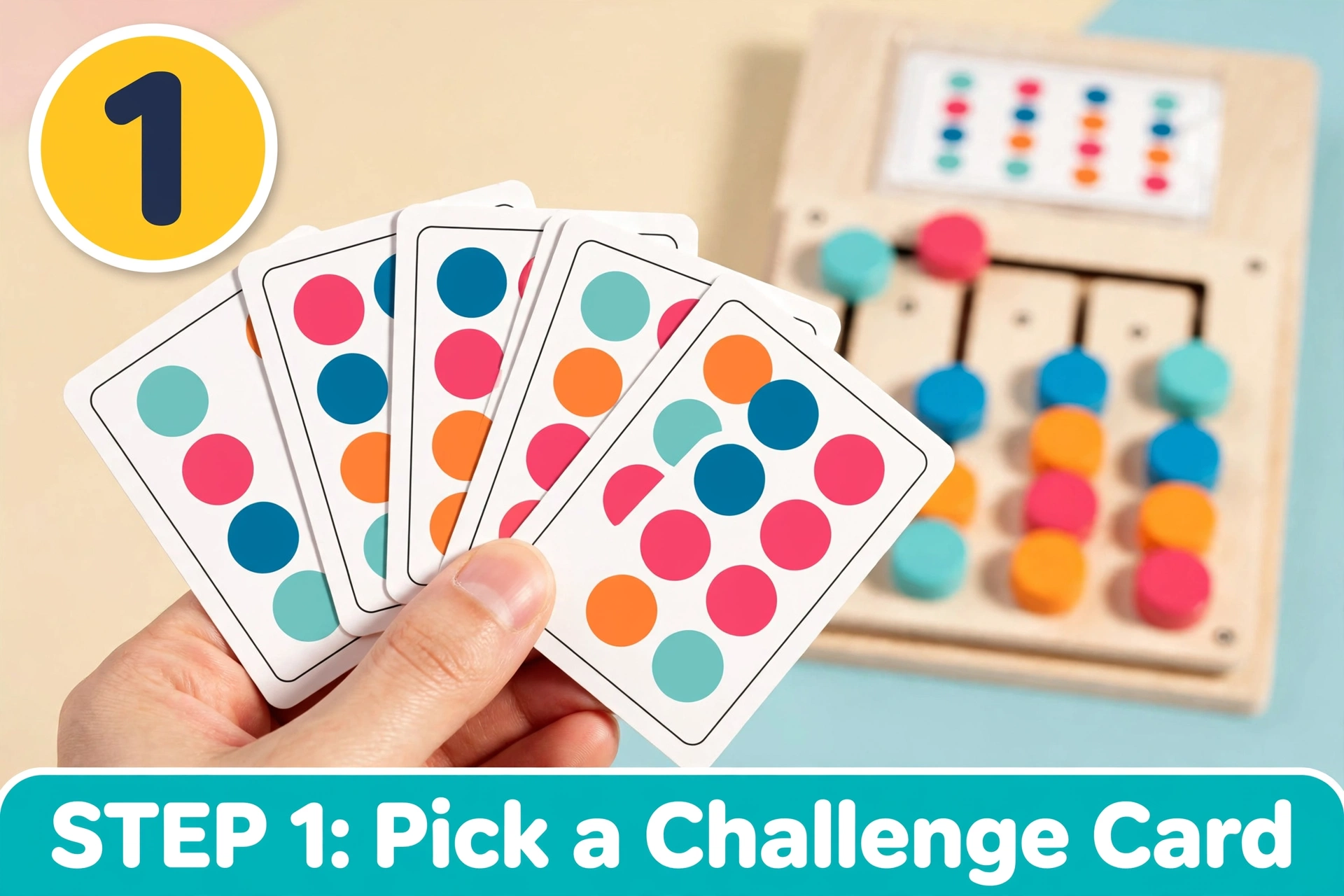 BEYTOON Wooden Color Puzzle Boost Logic, Focus & Hand-Eye Coordination | Educational Toy for YoungstersChristmas stocking stuffers,Christmas stocking stuffers 9 A hand holding a fan of colorful pattern cards for the toy, illustrating step one of how the Wooden Color Puzzle Boost Logic.
