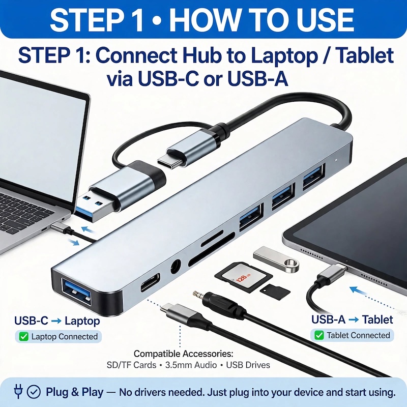 exclusive 1 8-In-1 USB C Hub with Audio Jack | Compatible with Tablets, USB Powered, 5V Operating Voltage 9 Infographic showing Step 1 of connecting the 8-In-1 USB C Hub with Audio Jack to a laptop or tablet via dual connectors.