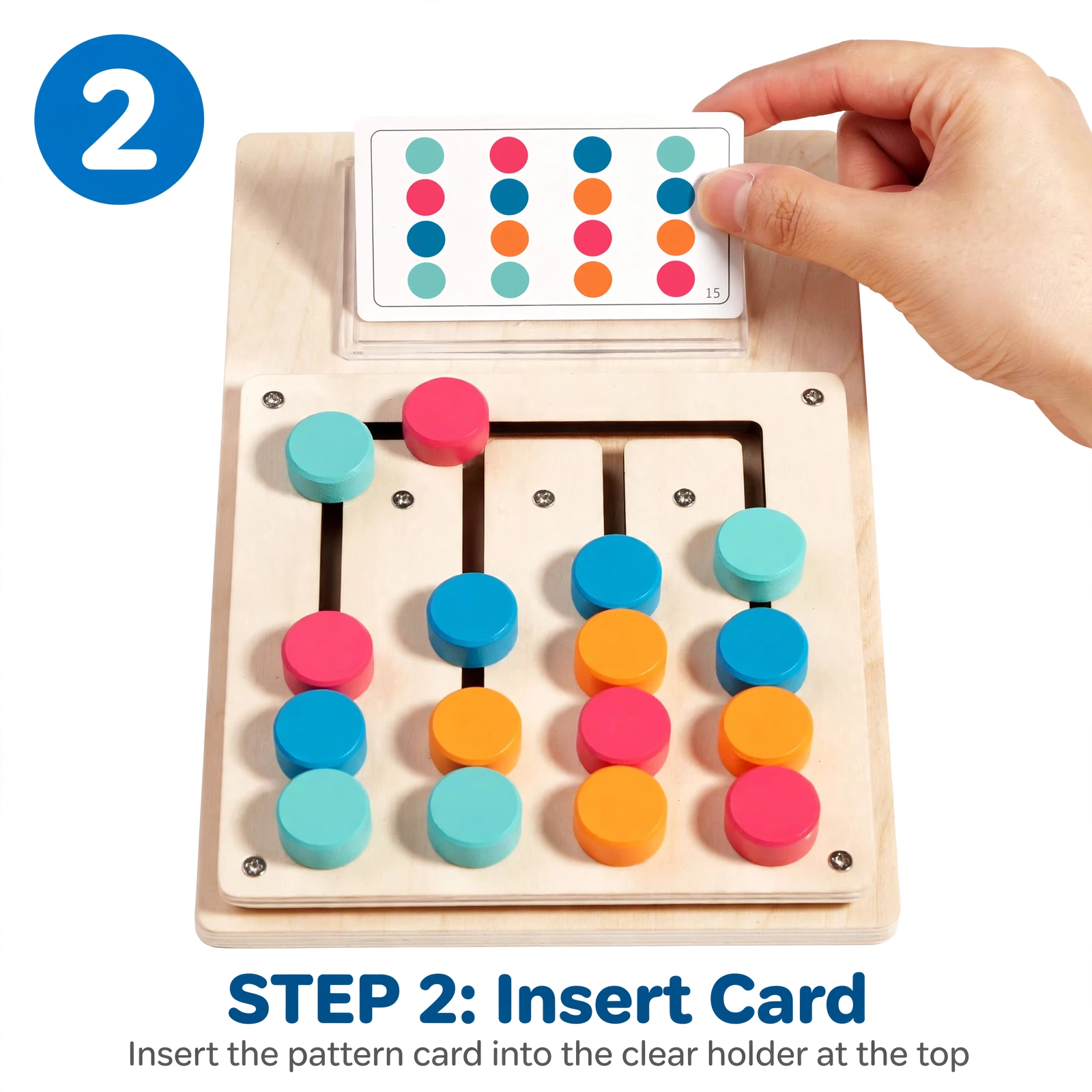 BEYTOON Wooden Color Puzzle Boost Logic, Focus & Hand-Eye Coordination | Educational Toy for YoungstersChristmas stocking stuffers,Christmas stocking stuffers 10 A hand inserting a pattern card into the clear holder of the toy board, demonstrating step two of how the Wooden Color Puzzle Boost Logic.