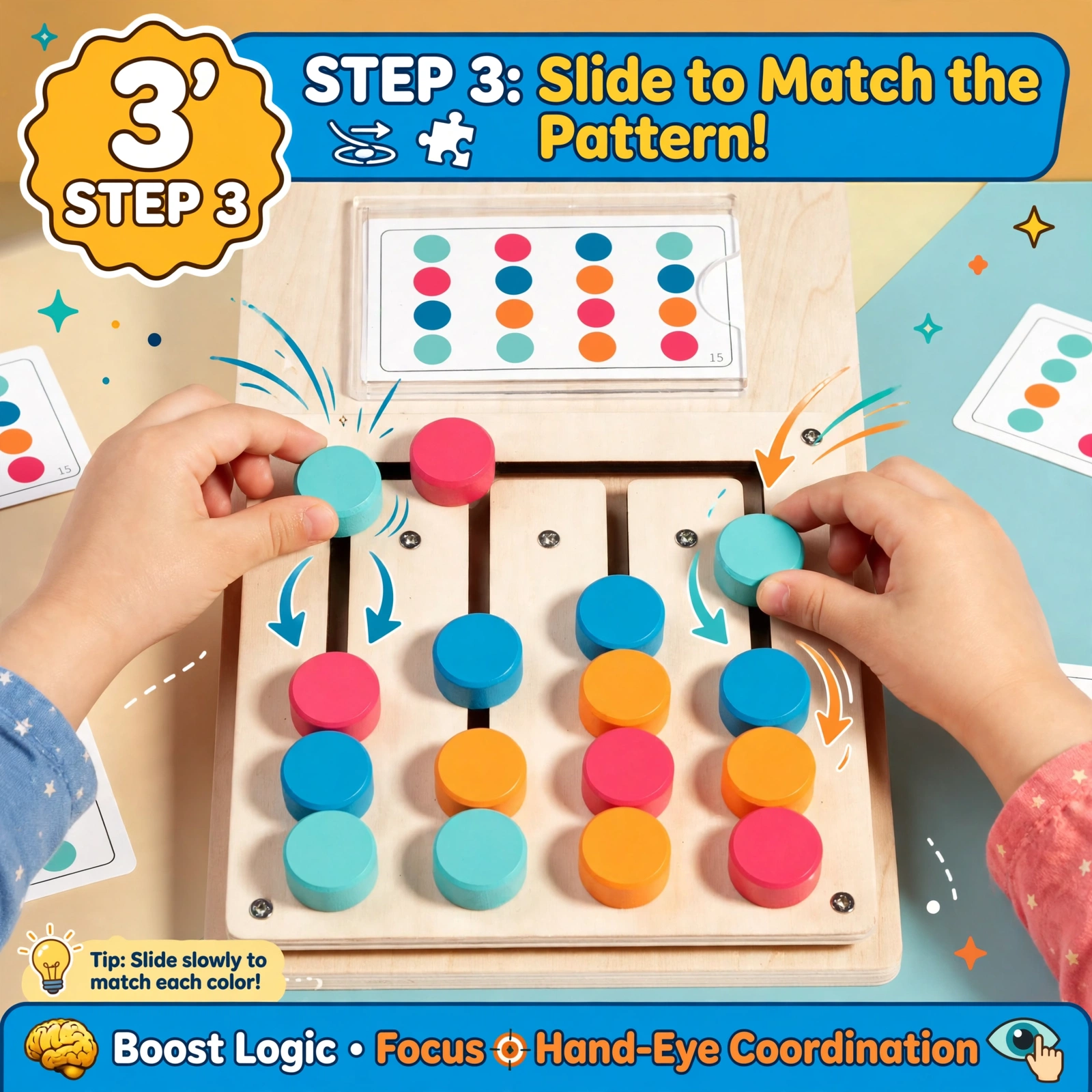 BEYTOON Wooden Color Puzzle Boost Logic, Focus & Hand-Eye Coordination | Educational Toy for YoungstersChristmas stocking stuffers,Christmas stocking stuffers 11 A child's hands sliding colorful wooden pegs along the tracks to match the pattern card, showing the action where the Wooden Color Puzzle Boost Logic.