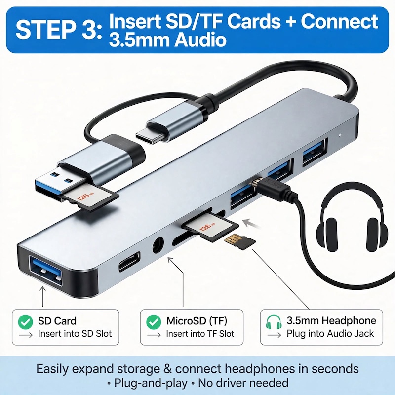 exclusive 1 8-In-1 USB C Hub with Audio Jack | Compatible with Tablets, USB Powered, 5V Operating Voltage 11 Tutorial infographic detailing Step 3: inserting SD/TF memory cards and plugging headphones into the 8-In-1 USB C Hub with Audio Jack.