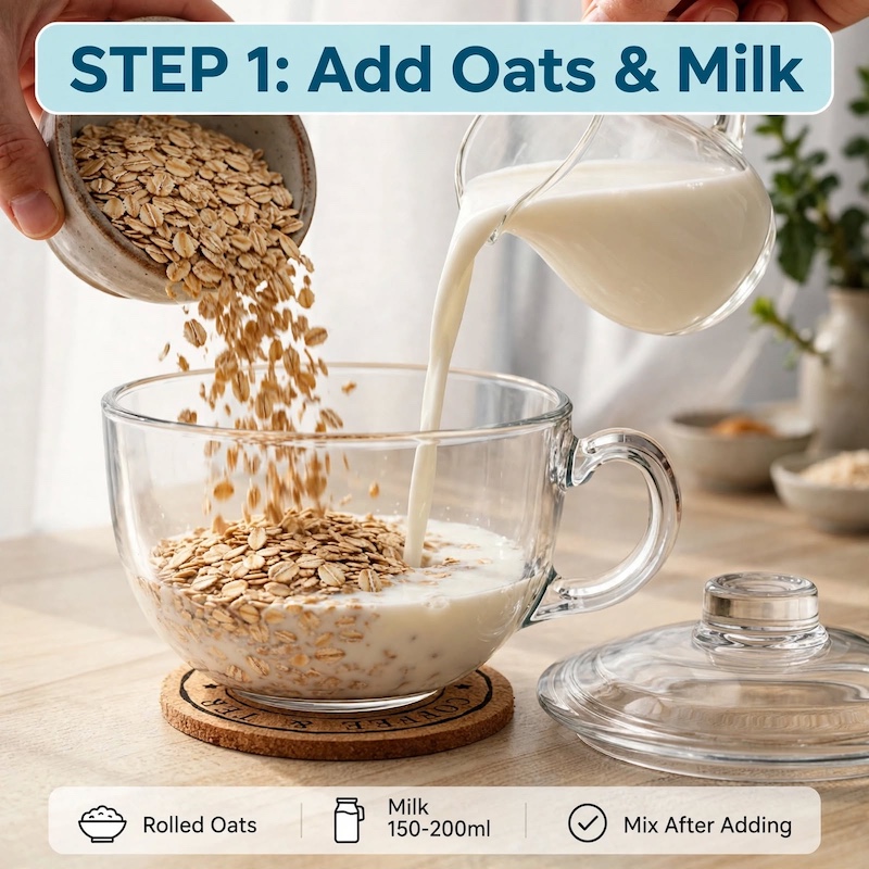 A Large-Capacity Tempered Glass Cup with a Lid And Handle, Thickened for Breakfast Oatmeal, Milk, And Suitable for Desserts, Pasta, And Rice, Microwave Safe 8 Hands pouring rolled oats and milk into an empty Large-Capacity Tempered Glass Cup on a wooden table.
