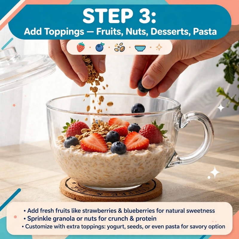 A Large-Capacity Tempered Glass Cup with a Lid And Handle, Thickened for Breakfast Oatmeal, Milk, And Suitable for Desserts, Pasta, And Rice, Microwave Safe 10 Infographic step 3 showing hands sprinkling granola and fresh berries onto oatmeal inside the Large-Capacity Tempered Glass Cup.