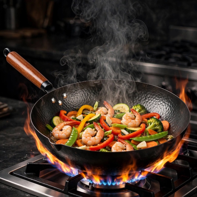 practical Cast Iron Frying Pan Wok Set - Nonstick, 12.6 Inch Pan With 13 Cookware Accessories, Suitable For All Stoves, Kitchen Utensils, Kitchen Tools, Kitchen Accessory, Kitchen Supplies Camping 6 A dynamic action shot of colorful vegetables and shrimp being stir-fried with flames and rising steam inside a Cast Iron Frying Pan Wok Set.