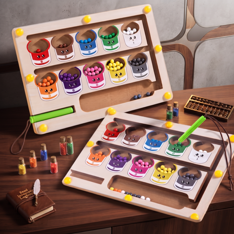 Color Sorting Maze Wooden Number and Color Counting Board Puzzle, Fine Motor Skills Toy, Cute Birthday Gift for Boys and Girls, Halloween/Thanksgiving/Christmas/Easter Gift 4 The wooden color sorting maze toy is the center of a detailed desk scene with old books, an abacus, glass vials, and a globe in a study
