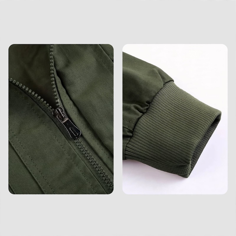 Men's Tactical Jacket Practical Men's Tactical Jacket | Multiple Pockets, Workwear Style Coat 16 Two-part product collage highlighting the heavy-duty zipper hardware and ribbed cuff of an olive green color Men's Tactical Jacket Practical.