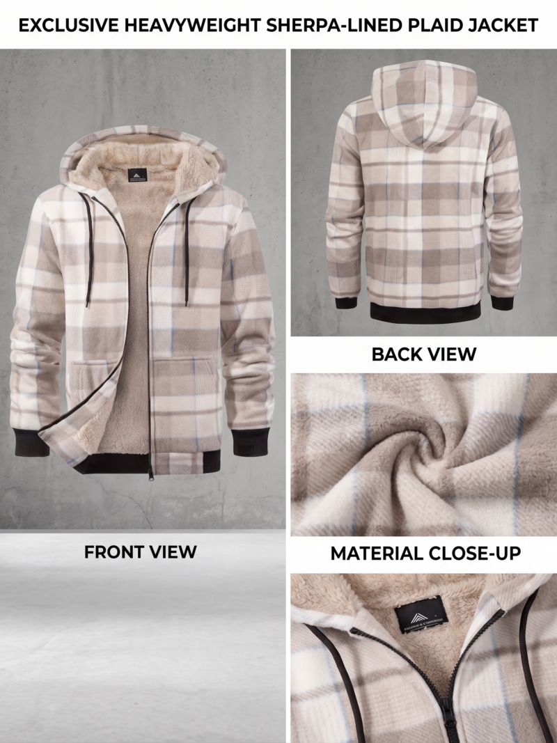 exclusive Jacket for Men Heavyweight Fleece Hoodies Thick Sherpa Lined Flannel Plaid Shirt Jacket 5 Alt Text: Four-panel product graphic for a beige and tan tawny plaid jacket for men heavyweight fleece hoodies labeled Exclusive Heavyweight Sherpa-Lined Plaid Jacket. Includes full front view, back view, macro material close-up, and zipper neckline details.