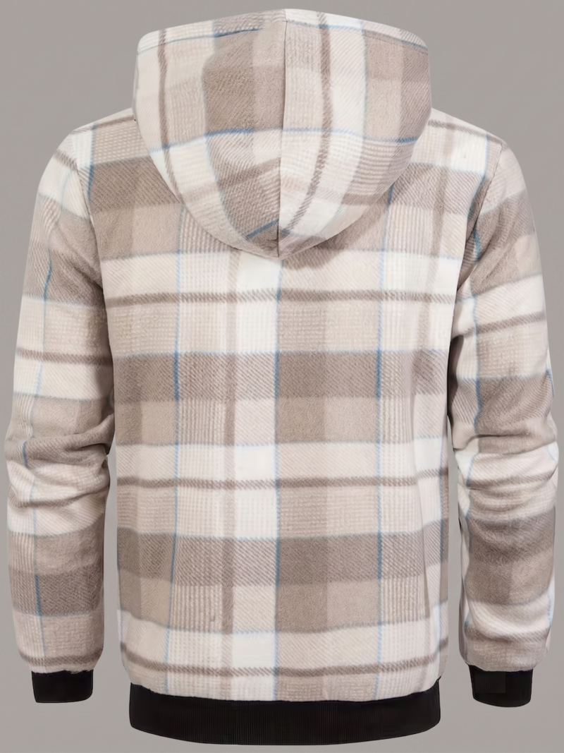 exclusive Jacket for Men Heavyweight Fleece Hoodies Thick Sherpa Lined Flannel Plaid Shirt Jacket 6 Full back view of a men's tawny plaid jacket for men heavyweight fleece hoodies featuring a cream and tan checkered pattern, attached hood, and black ribbed knit waist and cuffs against a solid grey background.