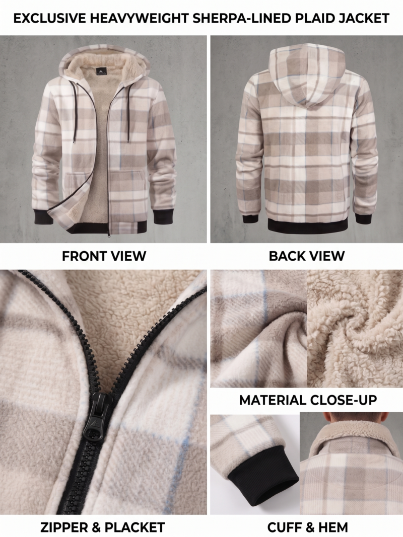 exclusive Jacket for Men Heavyweight Fleece Hoodies Thick Sherpa Lined Flannel Plaid Shirt Jacket 7 A multi-panel detail display of a tawny plaid jacket for men heavyweight fleece hoodies showcasing the front and back views, a macro close-up of the zipper and placket, fabric textures, and a close-up of the ribbed cuff and hem.