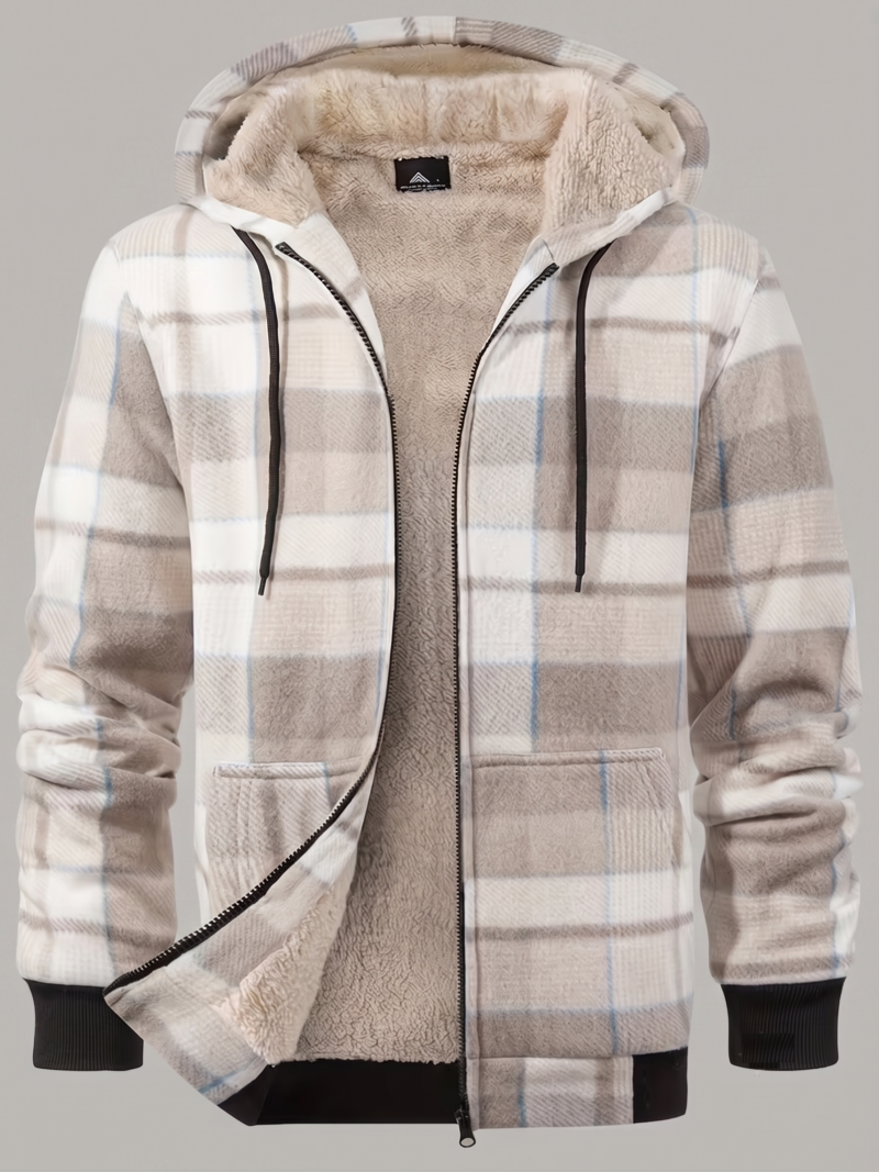 exclusive Jacket for Men Heavyweight Fleece Hoodies Thick Sherpa Lined Flannel Plaid Shirt Jacket 8 Front studio shot of an open-zip tawny plaid jacket for men heavyweight fleece hoodies, showing its thick beige sherpa lining, drawstring hood, split kangaroo pockets, and black ribbed trim.