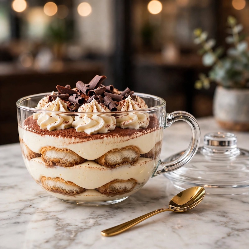 A Large-Capacity Tempered Glass Cup with a Lid And Handle, Thickened for Breakfast Oatmeal, Milk, And Suitable for Desserts, Pasta, And Rice, Microwave Safe 7 Decadent layered tiramisu dessert dusted with cocoa powder and chocolate curls inside a Large-Capacity Tempered Glass Cup.