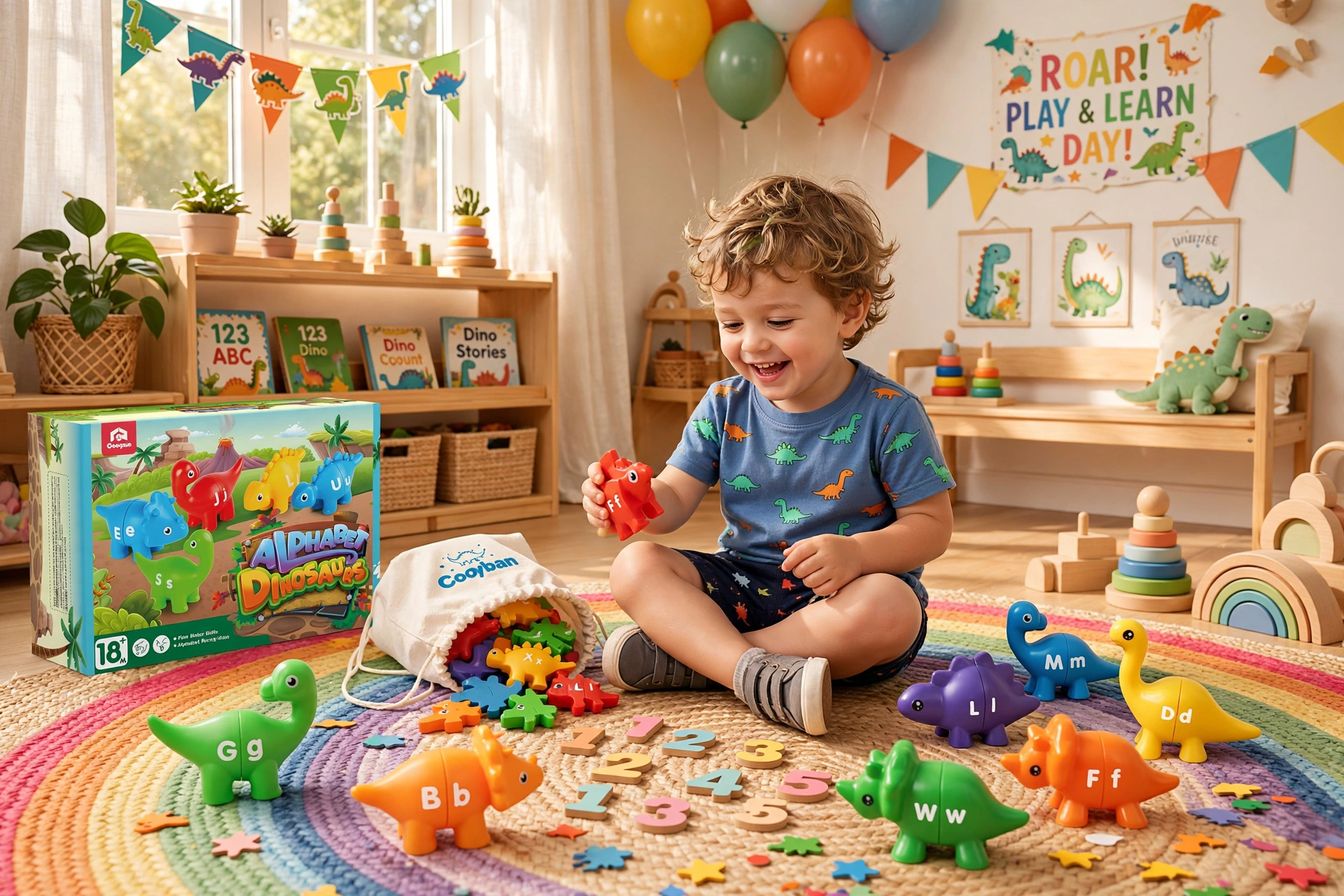 Coyban Double-Sided ABC Dinosaur Alphabet and Number Matching Toy | Educational Letter Recognition and Counting Activity, Plastic, Multicolor, Ideal for Dinosaur Themed Parties and Gifts 12 Toddler boy sitting on a colorful rug playing with pieces of the Dinosaur Alphabet and Number Matching Toy