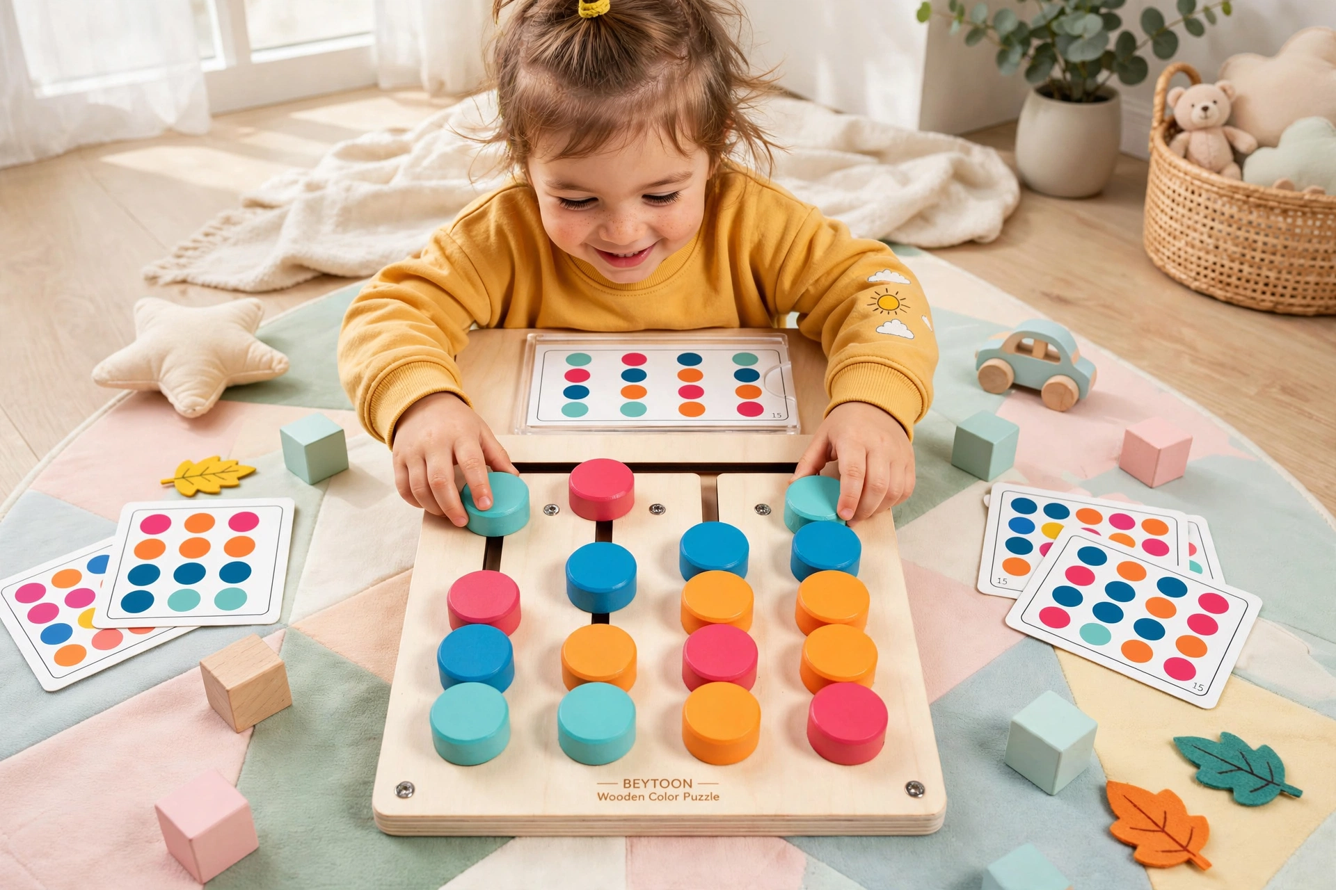 BEYTOON Wooden Color Puzzle Boost Logic, Focus & Hand-Eye Coordination | Educational Toy for YoungstersChristmas stocking stuffers,Christmas stocking stuffers 12 A smiling toddler playing with the educational board on a colorful rug, demonstrating real-world use of how the Wooden Color Puzzle Boost Logic.