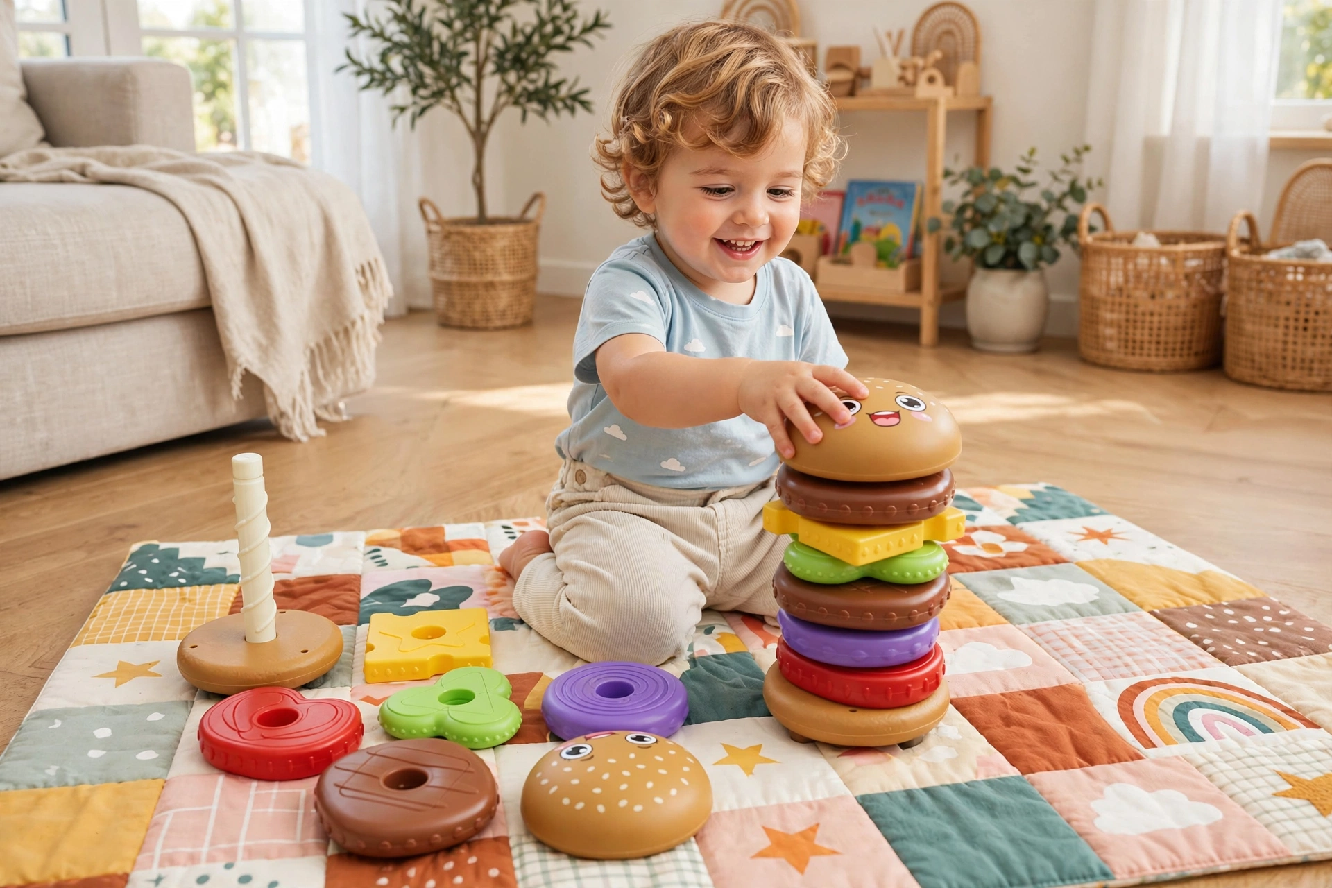 Stacking Burger Shape Toy, Multi-Color Recognition, Hand-Eye Coordination and Rotation Educational Puzzle, Perfect Gift for Boys and Girls on Birthdays, Christmas, or Halloween 9 A smiling toddler sitting on a play mat next to the fully assembled Stacking Burger Shape Toy and its colorful pieces.