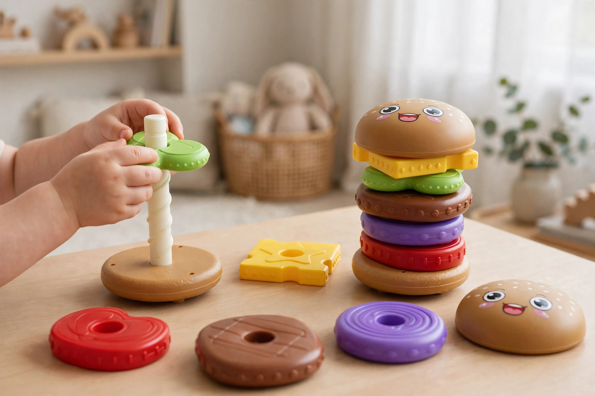 Stacking Burger Shape Toy, Multi-Color Recognition, Hand-Eye Coordination and Rotation Educational Puzzle, Perfect Gift for Boys and Girls on Birthdays, Christmas, or Halloween 8 Close up view of a toddler's hands engaging with the Stacking Burger Shape Toy by sliding a green clover piece onto the spiral pole.
