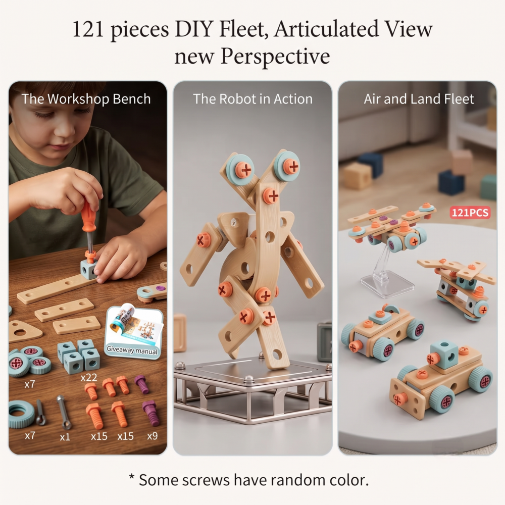 Three-panel image featuring a child building at a workshop bench, an articulated robot model, and assembled vehicle sets from a set 121pcs Screwdriver Tool Box Toy.