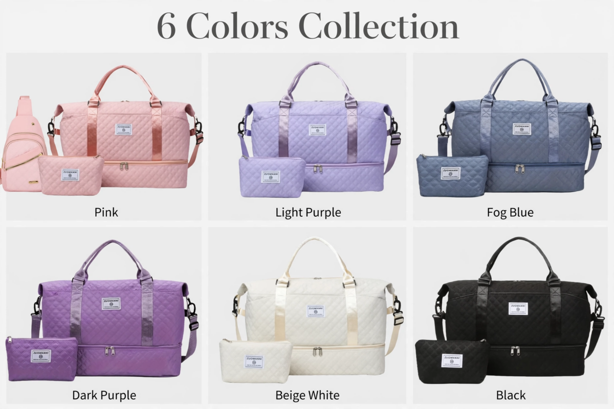 A Three-Piece Travel Set Including a Tote Bag, a Toiletry Bag, And a Shoulder Bag, Featuring a Spacious Independent Shoe Compartment, Perfect for Outdoor Fitness, Travel, Overnight Stays, And Weekend Trips 1 A product display grid showcasing the tote bag collection in six different colors: Pink, Light Purple, Fog Blue, Dark Purple, Beige White, and Black.