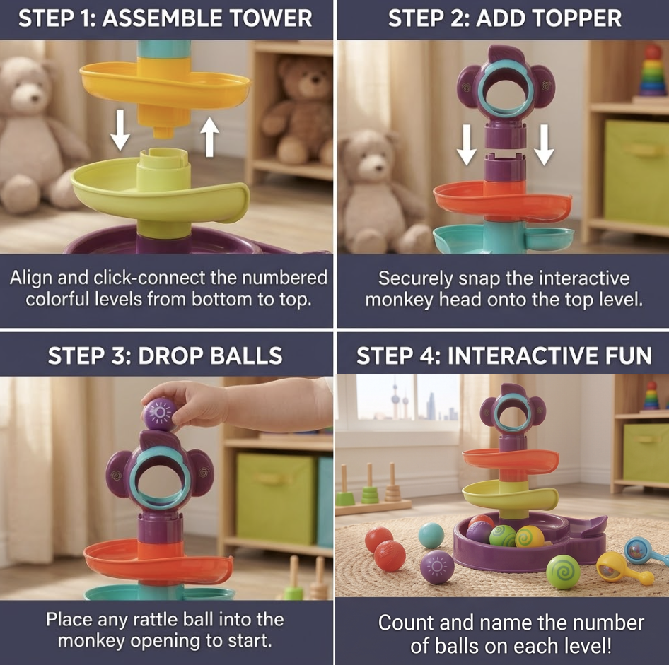 Ball Track Tower Fun Educational Toy Rolling Ball Early Learning/Spinning Balls/Great Gifts for Holidays Birthdays 4 A four step instructional graphic detailing how to assemble the tower add the monkey topper drop balls and enjoy interactive counting fun