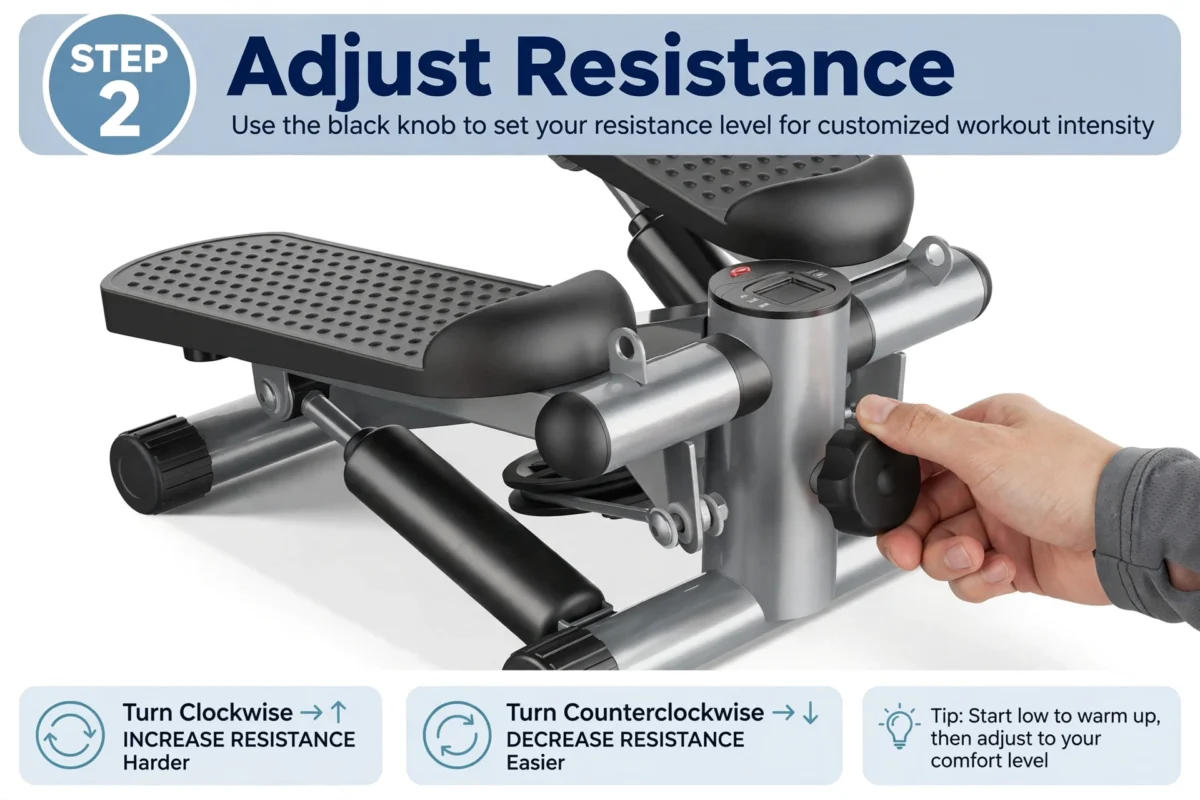 Mini Exercise Stepper with Resistance Bands - Compact Stair Stepper Machine for Home Use, Twist Motion Full Body Workout, 300LBS Capacity Portable Fitness Equipment 17 Step two tutorial graphic showing how to adjust the resistance knob on the slivery color Exercise Stepper with Resistance Bands.