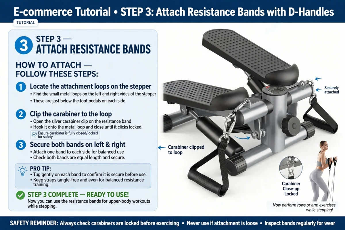 Mini Exercise Stepper with Resistance Bands - Compact Stair Stepper Machine for Home Use, Twist Motion Full Body Workout, 300LBS Capacity Portable Fitness Equipment 18 Tutorial infographic detailing step three of attaching resistance bands with D-handles to the slivery color Exercise Stepper with Resistance Bands.
