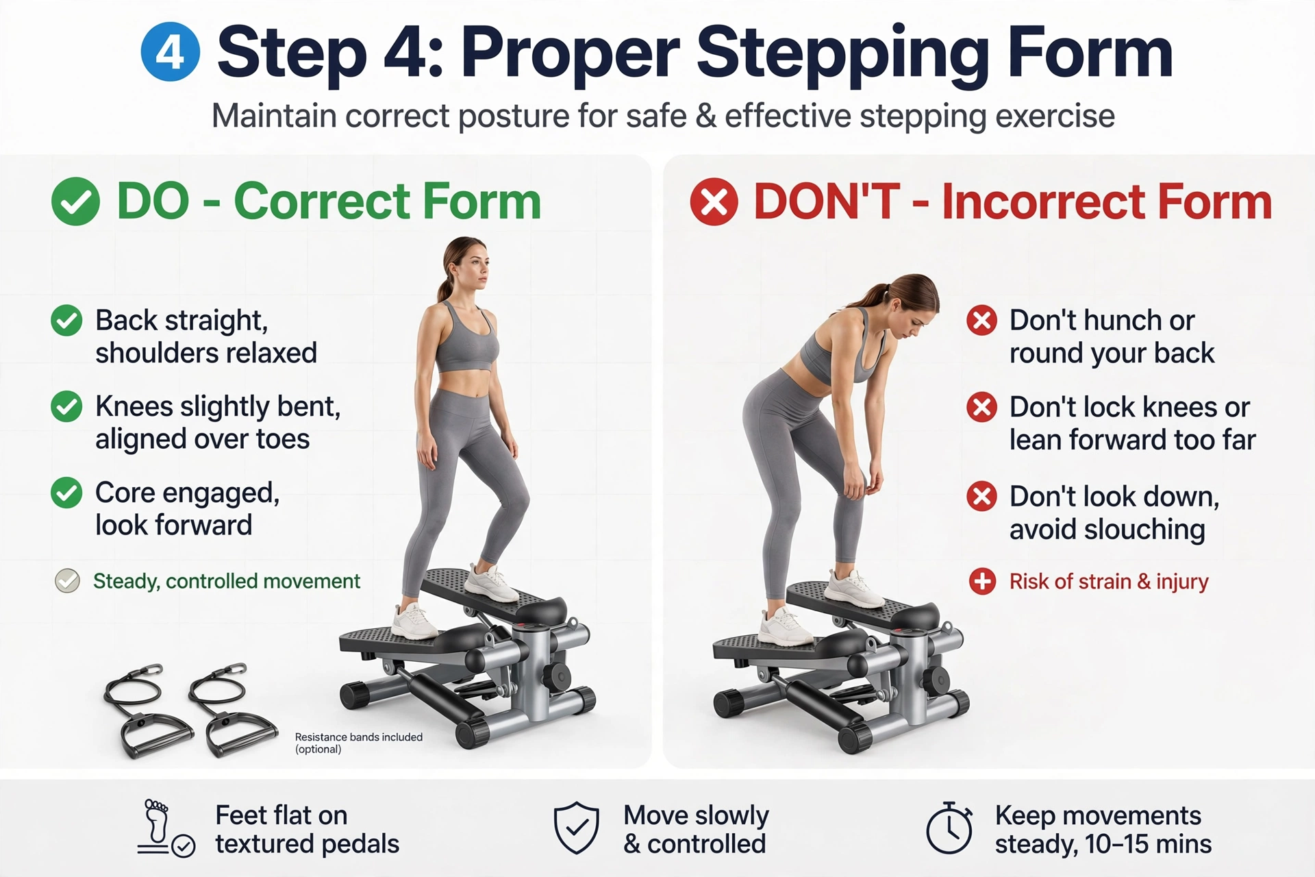 Mini Exercise Stepper with Resistance Bands - Compact Stair Stepper Machine for Home Use, Twist Motion Full Body Workout, 300LBS Capacity Portable Fitness Equipment 22 Instructional infographic comparing correct and incorrect posture during step four of using the slivery color Exercise Stepper with Resistance Bands.