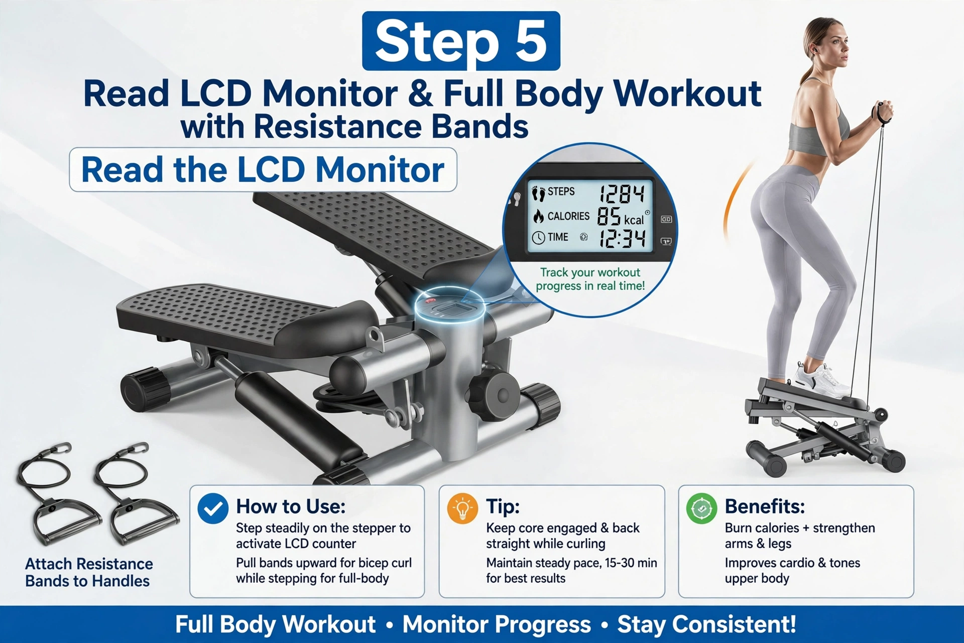 Mini Exercise Stepper with Resistance Bands - Compact Stair Stepper Machine for Home Use, Twist Motion Full Body Workout, 300LBS Capacity Portable Fitness Equipment 21 Tutorial graphic showing step five of reading the LCD monitor and performing a full body workout with the slivery color Exercise Stepper with Resistance Bands.