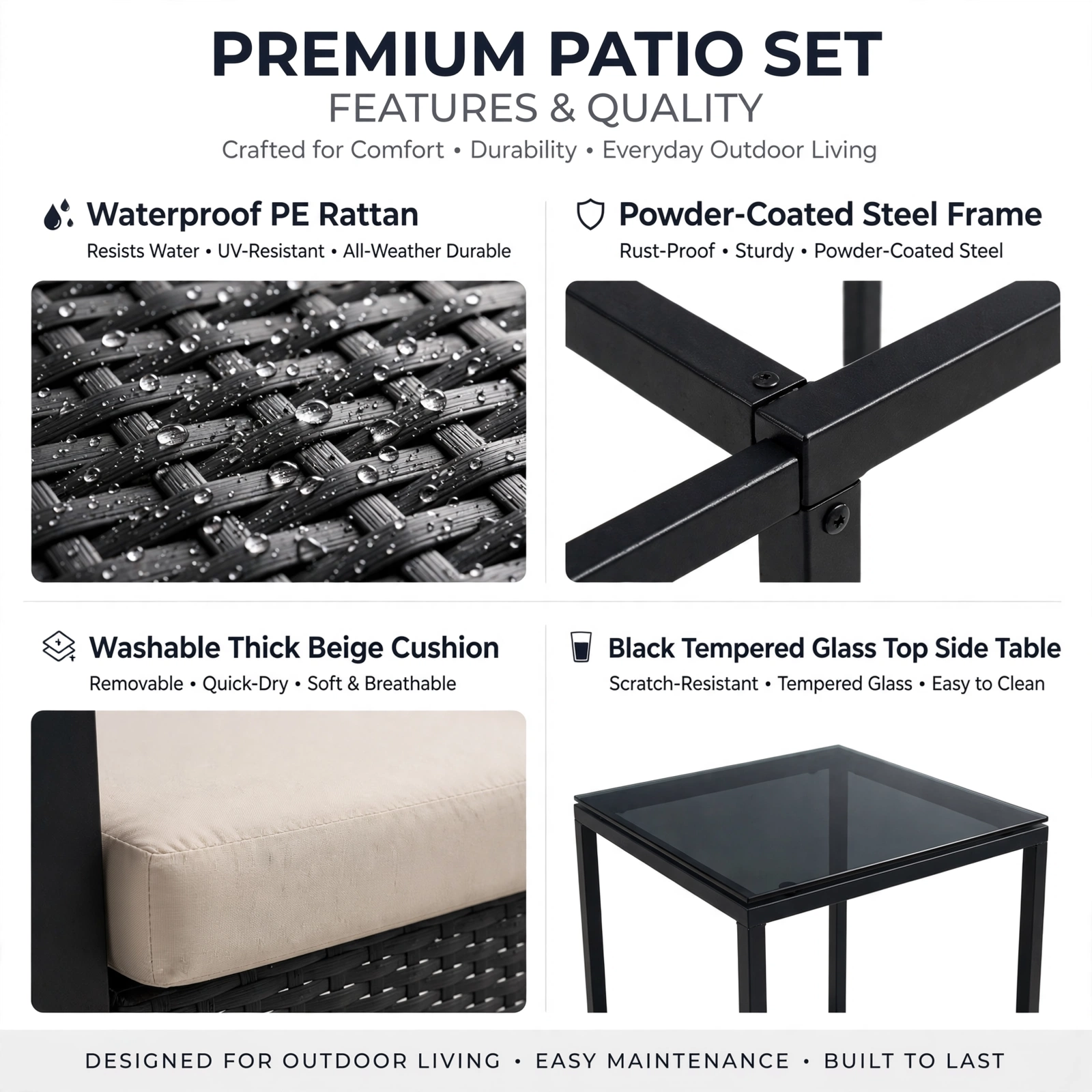 3pcs Rattan Bistro Set Outdoor Patio Furniture Conversation Set Featuring 2 Chairs And 1 Safety Glass Top Table, with Plush Cushions, on, Perfect for Your Backyard 14 An infographic showing the waterproof rattan powder coated steel frame washable cushion and side table for a set with 2 Chairs And 1 Safety Glass Top Table.