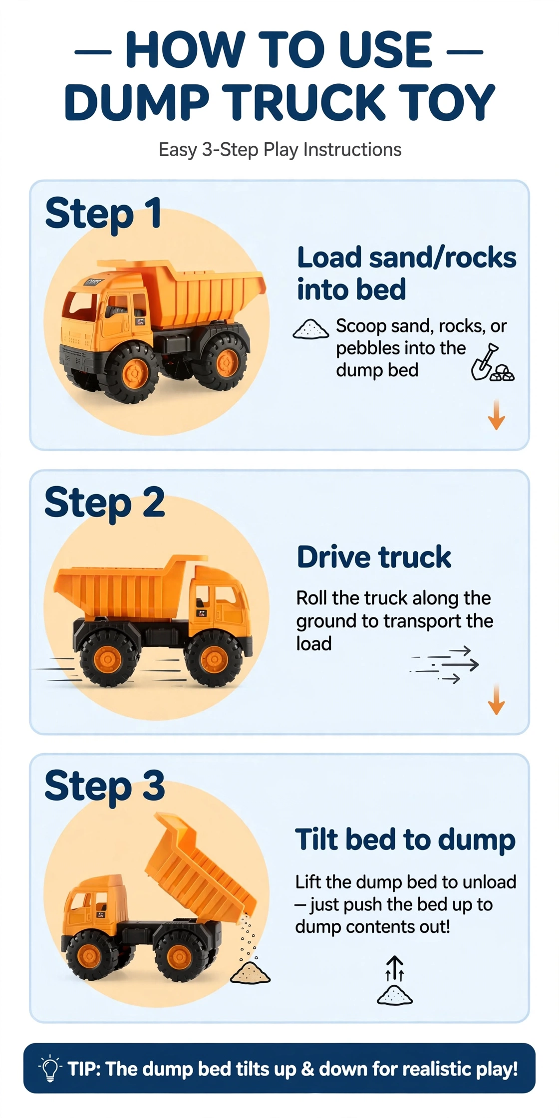 Back to School New Semester Excavator Toy Car Large Engineering Vehicle Set Dumper Truck Cement Mixer Excavator Crane 8 A 3-step instruction guide showing how to load, drive, and tilt the bed of the large dump truck toy car large.