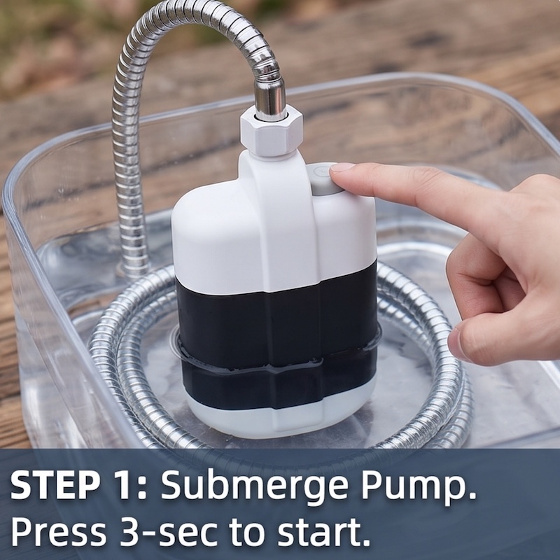 Compact And Rechargeable Shower Pump with Hose, Ideal for Outdoor Activities Like Camping, Beach Trips, Car Washing, And Pet Grooming. Features an Ergonomic Handle And a Modern Design, Built to Last 11 mrali tutorial step 1 Submerge Pump