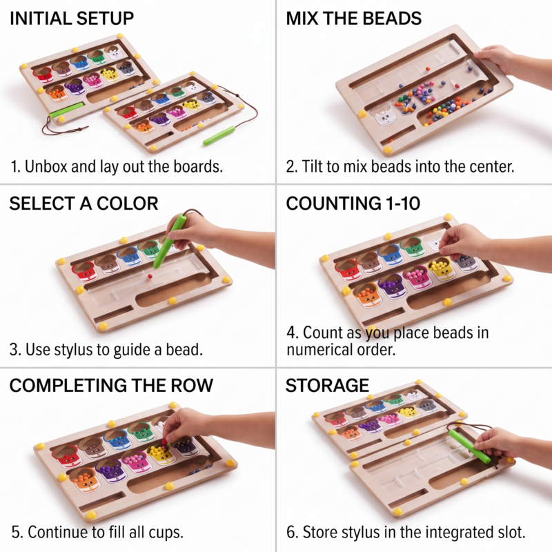 Color Sorting Maze Wooden Number and Color Counting Board Puzzle, Fine Motor Skills Toy, Cute Birthday Gift for Boys and Girls, Halloween/Thanksgiving/Christmas/Easter Gift 7 A six panel instructional guide showing the steps to use the Wooden Number and Color Counting Board Puzzle, from setup to storage.