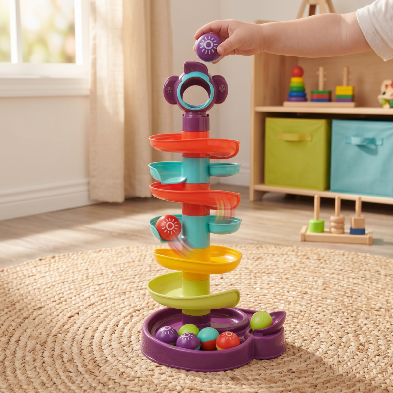 Ball Track Tower Fun Educational Toy Rolling Ball Early Learning/Spinning Balls/Great Gifts for Holidays Birthdays 5 A toddler's hand drops a purple patterned sphere into the top of a colorful ball track tower toy inside a bright playroom