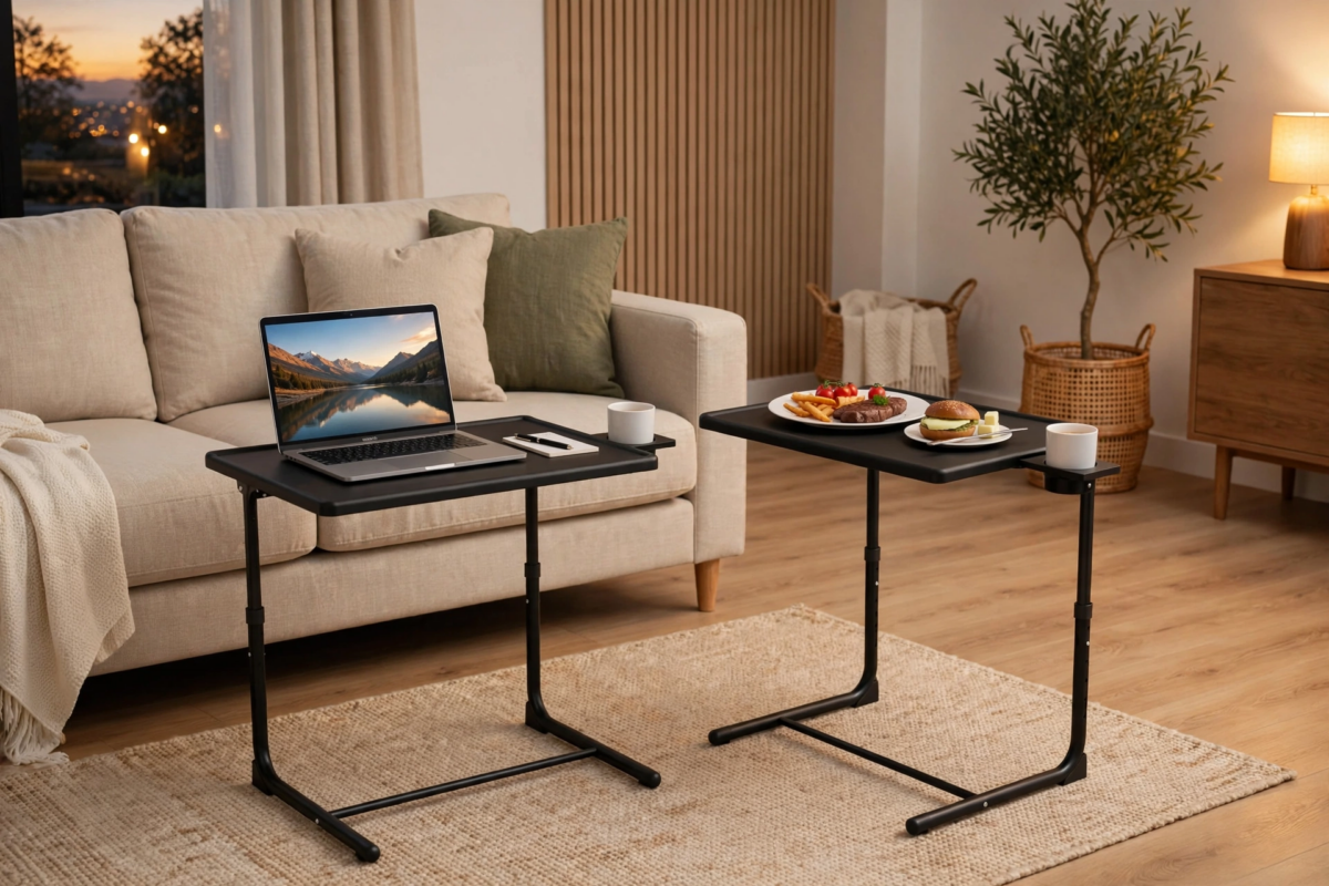 Big 2-Pack/ 1-Pack Adjustable Folding Table - TV Tray Table, 6 Adjustable Heights, 3 Tilt Angles, Suitable for Food Service Furniture And Restaurant Multifunctional Dining Table 13 two black Adjustable Folding Table set used for working on a laptop and eating dinner by a sofa