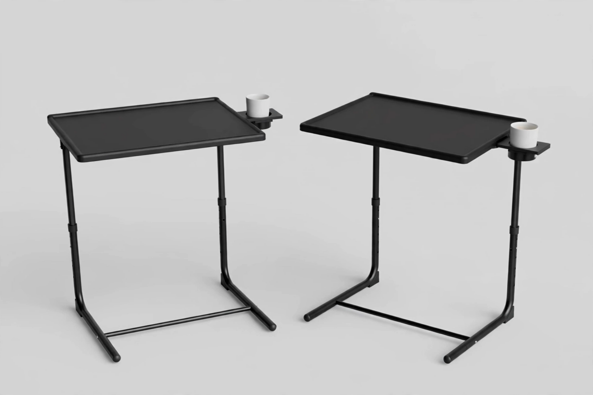 Big 2-Pack/ 1-Pack Adjustable Folding Table - TV Tray Table, 6 Adjustable Heights, 3 Tilt Angles, Suitable for Food Service Furniture And Restaurant Multifunctional Dining Table 14 Front view of two black Adjustable Folding Table units with built-in cup holders against a plain light background