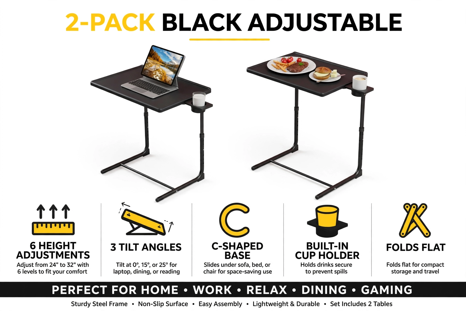 Big 2-Pack/ 1-Pack Adjustable Folding Table - TV Tray Table, 6 Adjustable Heights, 3 Tilt Angles, Suitable for Food Service Furniture And Restaurant Multifunctional Dining Table 16 Infographic showcasing features of the two black Adjustable Folding Table set including height adjustment and tilt settings