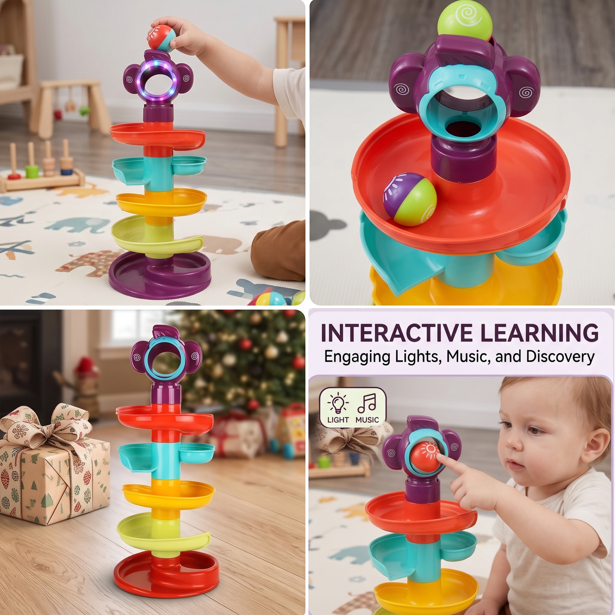 Ball Track Tower Fun Educational Toy Rolling Ball Early Learning/Spinning Balls/Great Gifts for Holidays Birthdays 9 A four step instructional graphic detailing how to assemble the tower add the monkey topper drop balls and enjoy interactive counting fun