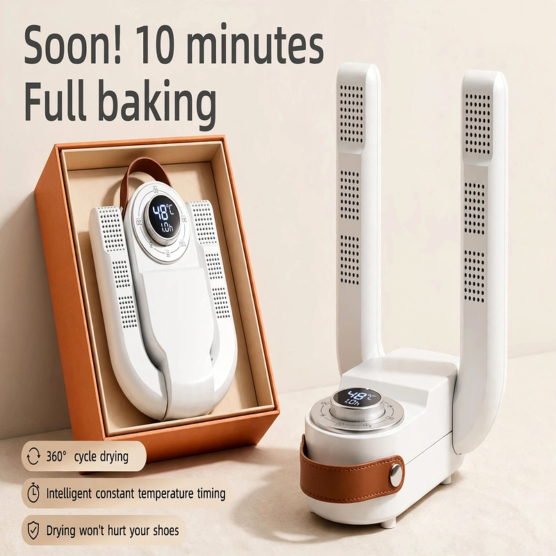 exclusive Antosun Footwear Dryer Odor Eliminator for Shoes, Equipped with Timer, Glove Dryer for Boxing, Collapsible, Suitable for Ski Boots, Socks, And Sneakers, Color: White, Without Battery 10 Side-by-side comparison of an odor eliminator for shoes showing a folded unit inside an orange box next to an active unfolded unit.